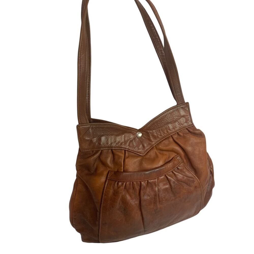 1980s Brown Leather Hobo Shoulder Bag Snap Closure Front Pocket